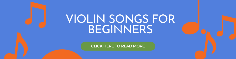 Violin songs for beginners blog post banner in orange and blue color