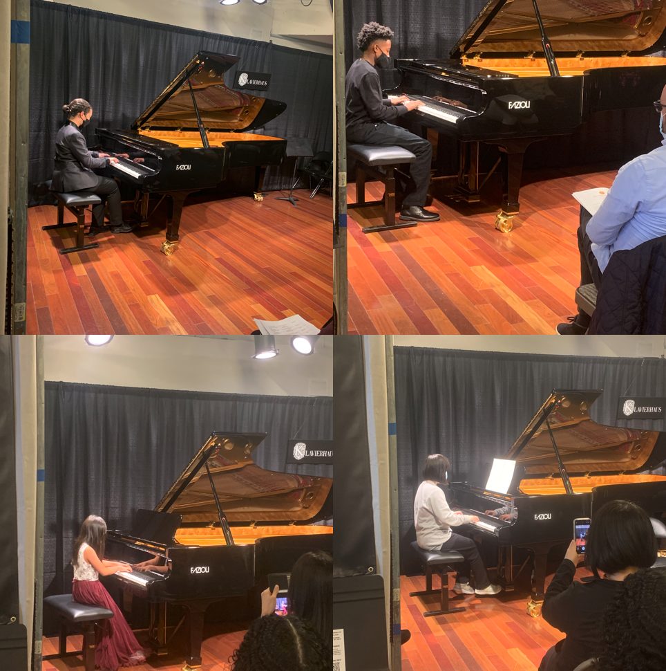 different students performing solos on a Fazioli grand piano